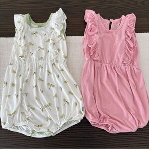 4T Set of Two Kyte bubble Rompers - Pink and White with Green Accents
